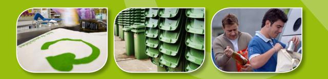 Three images of recycling: a painted symbol, stacked bins, and people sorting waste.